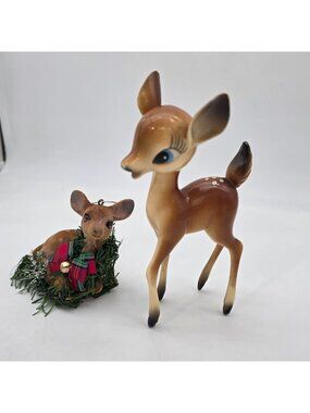 Vintage Plastic & Flocked Deer Figurines With Holiday Ornament Accent